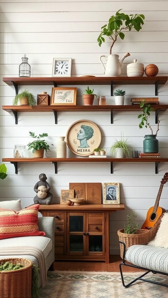 A modern farmhouse living room featuring reclaimed wood shelving adorned with plants and decorative items.