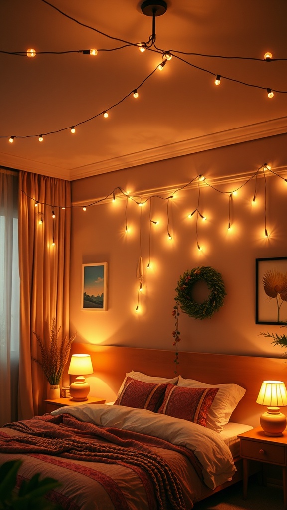 Cozy bedroom with warm LED string lights and soft bedding