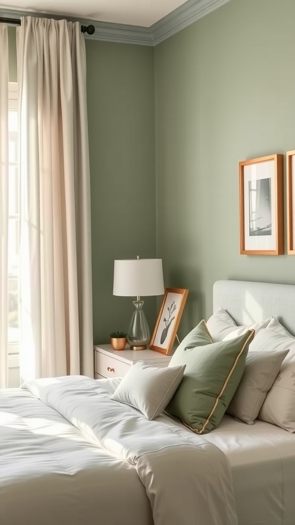 A sage green bedroom featuring soft bedding, copper accents, and natural light.