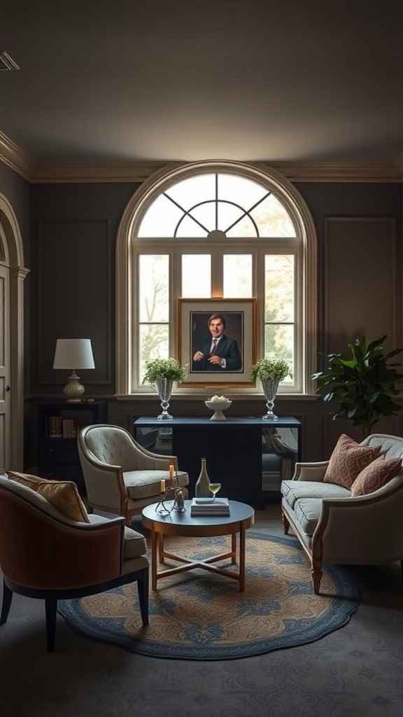 A cozy sitting area featuring walls painted Sherwin Williams Serious Gray, with a large window and elegant furniture.