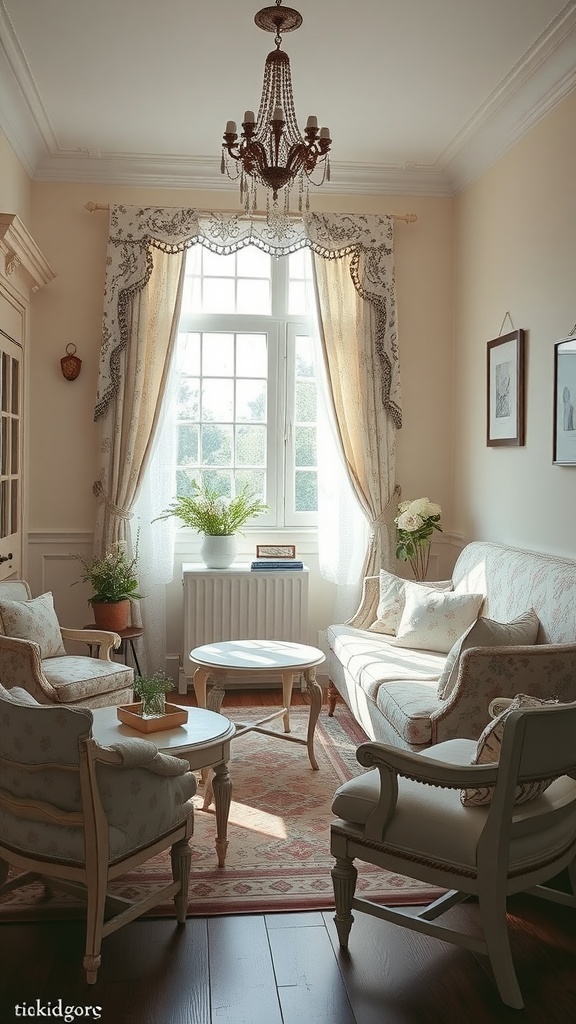 Cozy sitting room with a chandelier, floral curtains, and comfortable seating