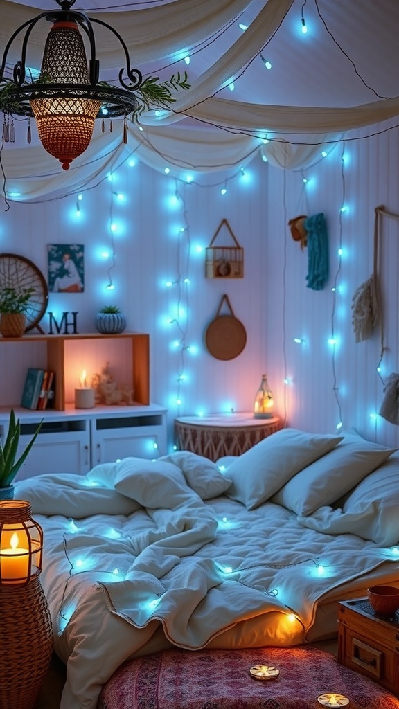A cozy bedroom with blue fairy lights and a soft white bedspread, featuring a bohemian decor style.
