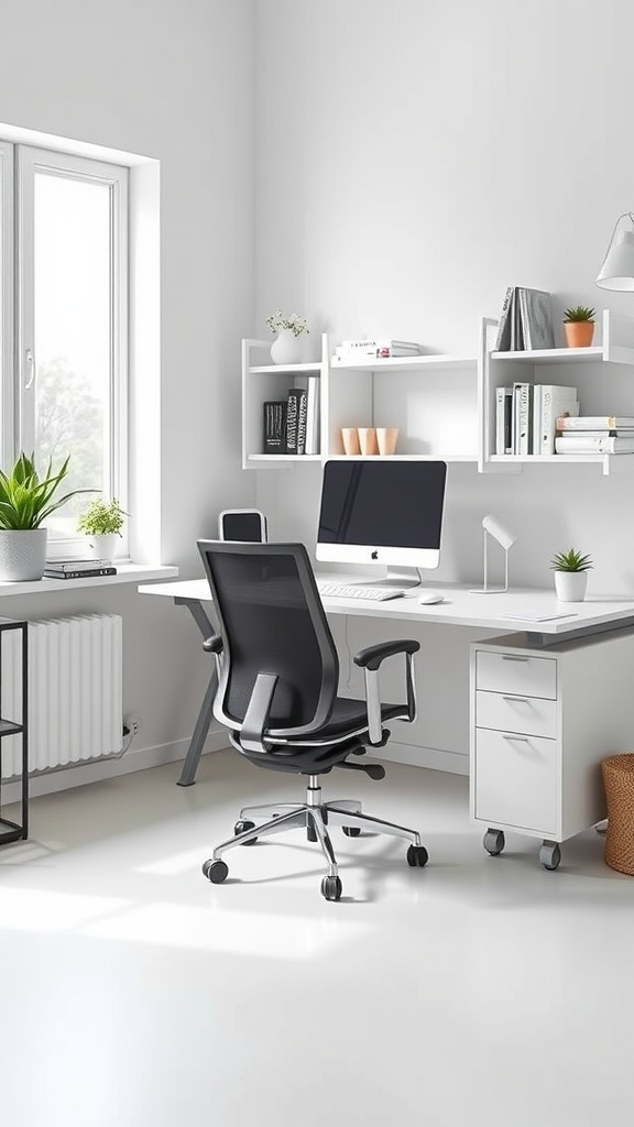A minimalistic office space featuring a desk, computer, plants, and shelves.