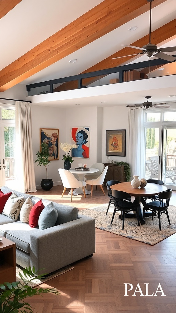 A stylish living room-dining room combo with strategic furniture placement, featuring a gray sofa, round dining table, and colorful artwork.