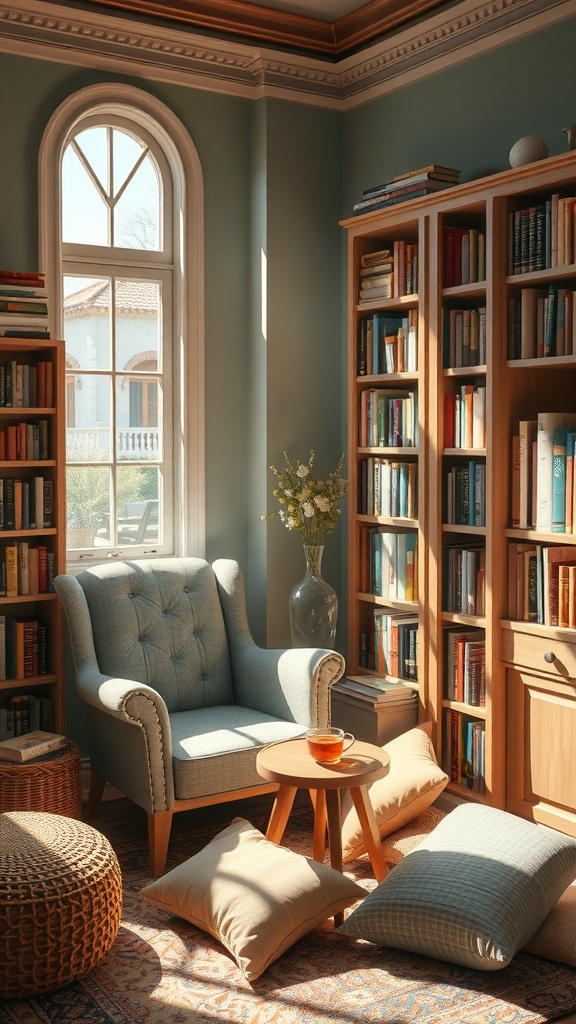 A cozy reading nook with a blue armchair, a small table with tea, pillows on the floor, and bookshelves filled with books.