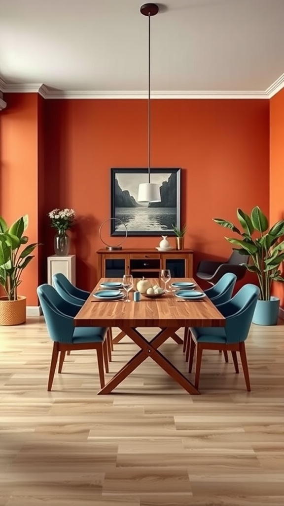 A chic dining room featuring terracotta walls, a wooden dining table, blue chairs, and decorative plants.