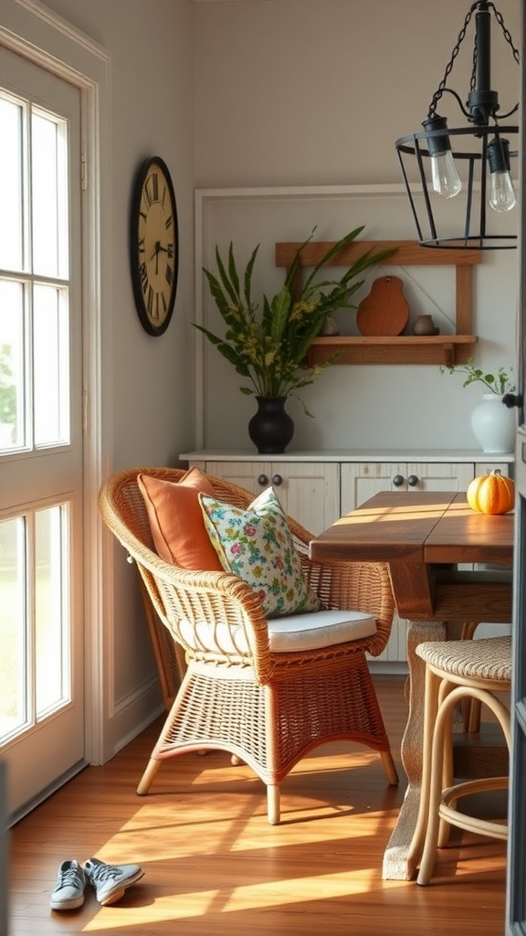 A cozy wicker chair with cushions in a farmhouse dining room, illuminated by sunlight.
