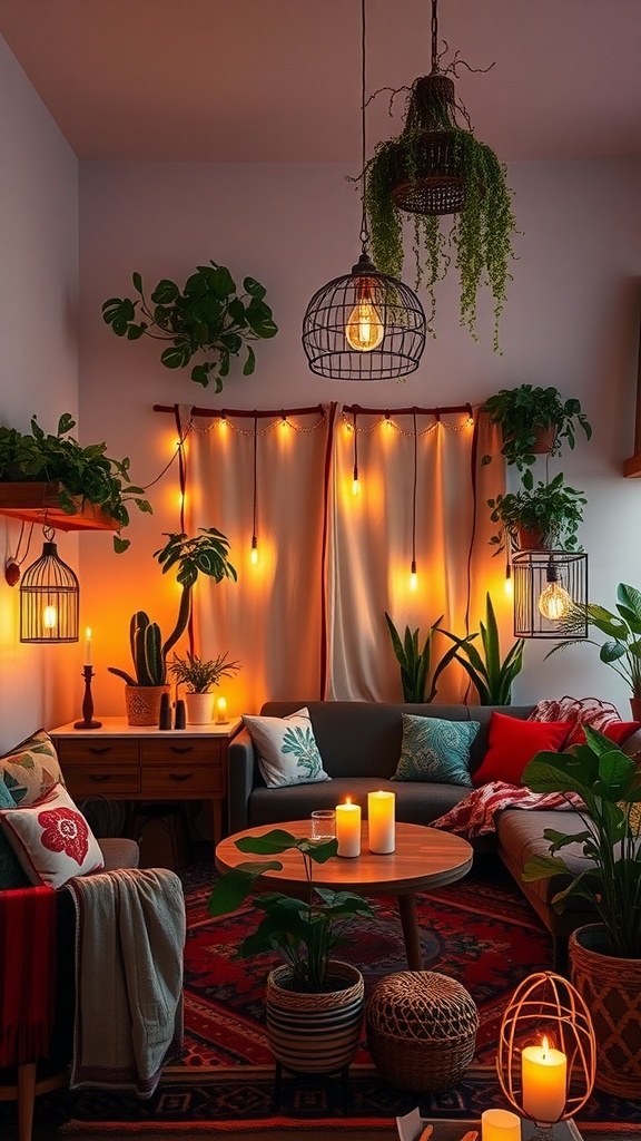 Cozy living room with Bohemian style lighting and decor