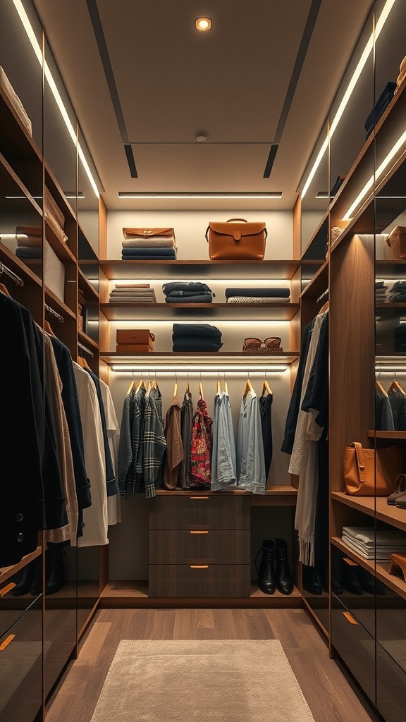 Organized closet with LED lighting, showcasing neatly arranged clothes and accessories.