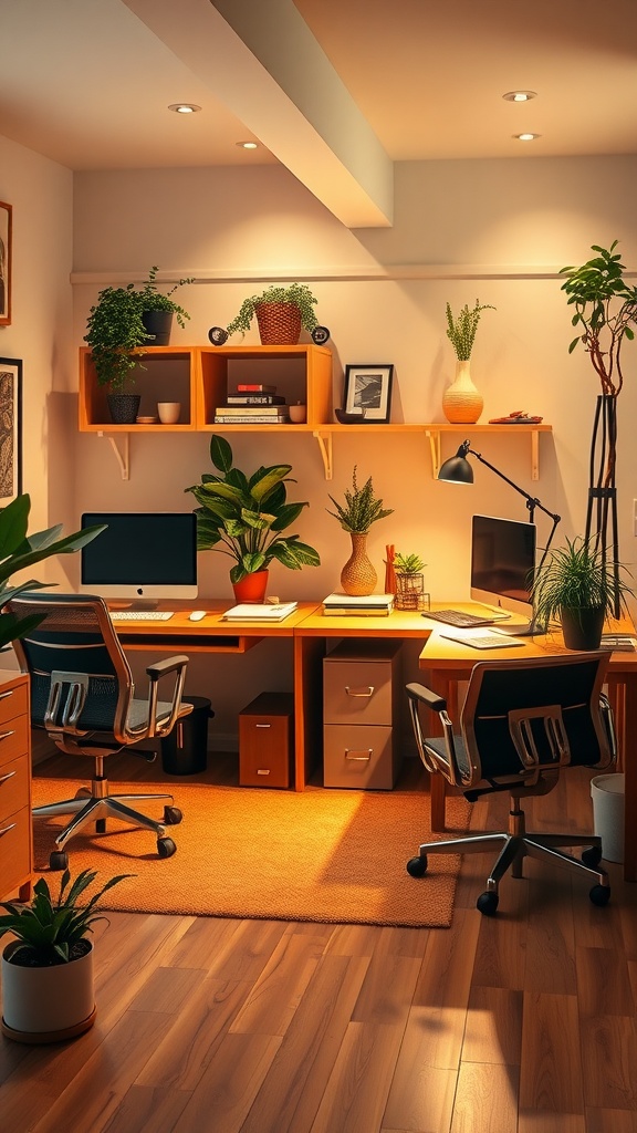 A cozy small home office featuring two desks in a U-shape layout, surrounded by plants and warm lighting.