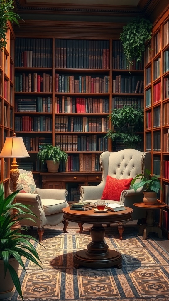 A cozy library with wooden shelves filled with books, a plush armchair, a small table with tea and books, and potted plants.