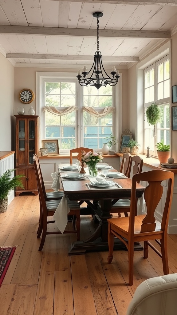 A cozy farmhouse cottage dining room with a wooden table, mismatched chairs, and large windows.