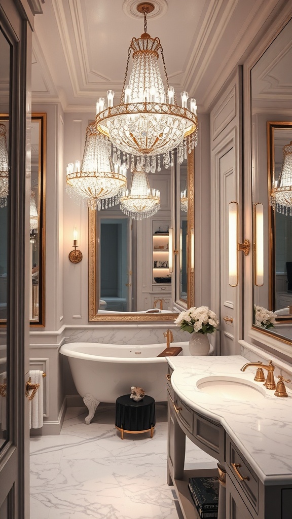 A luxurious bathroom with chandeliers, marble countertops, and elegant decor.