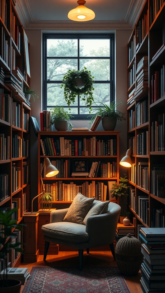 A cozy home library with bookshelves, a comfy chair, and plants, illuminated by warm lights.