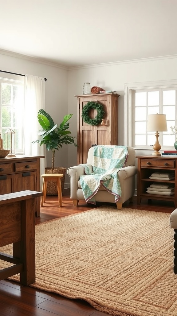 A cozy rustic farmhouse living room featuring a comfortable armchair, wooden furniture, and a potted plant.