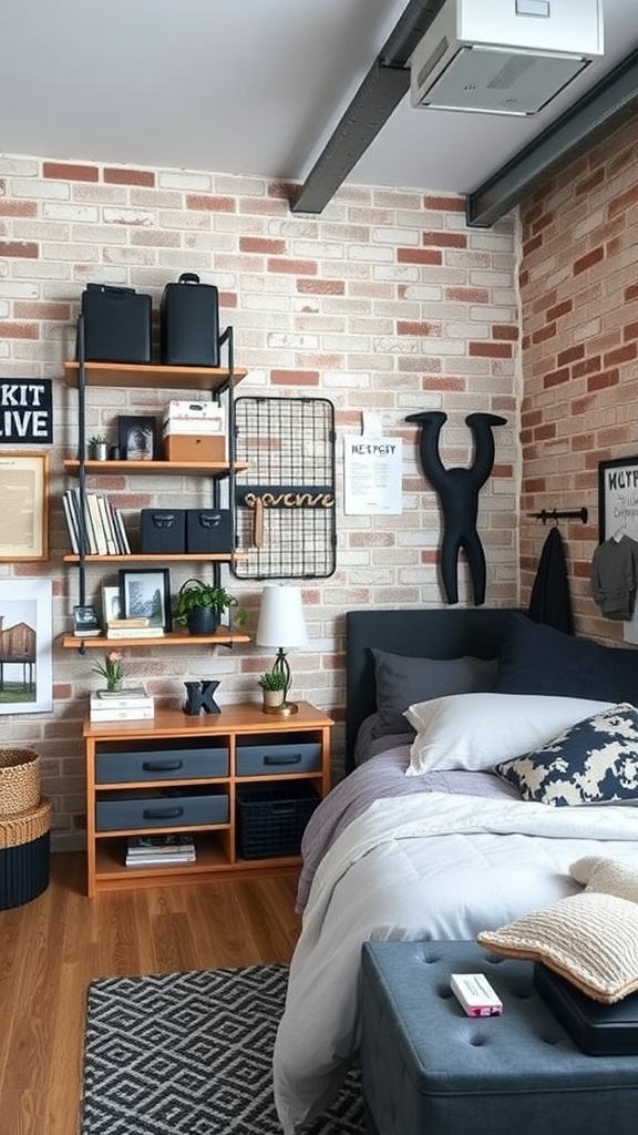 A modern industrial bedroom featuring smart storage solutions with a brick wall, floating shelves, and stylish drawers.