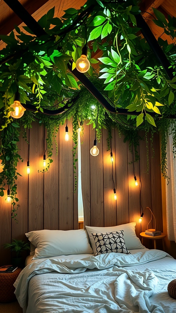 Cozy bedroom with jungle-inspired vine light canopy and string lights.