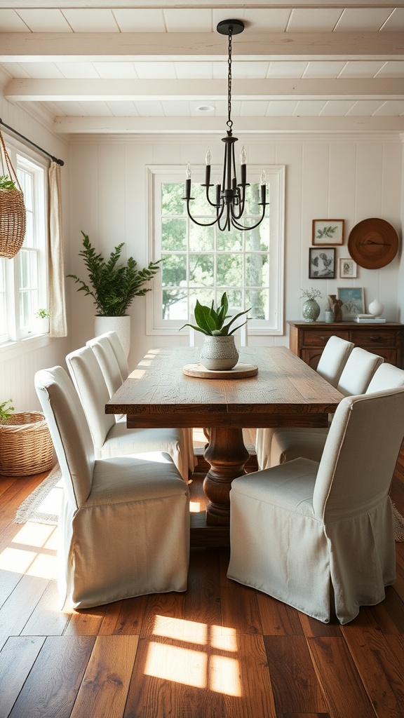 A farmhouse dining room with a wooden table and chairs covered in linen slipcovers, featuring a chandelier and natural light.