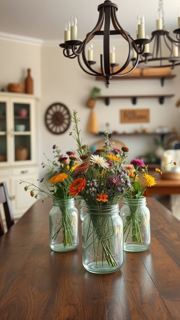 Three mason jars filled with colorful flowers on a wooden dining table in a cozy dining room.