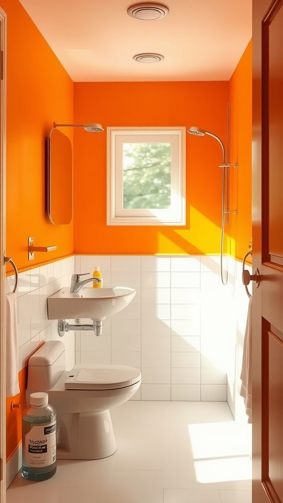 Bright orange bathroom with white tiles and modern fixtures