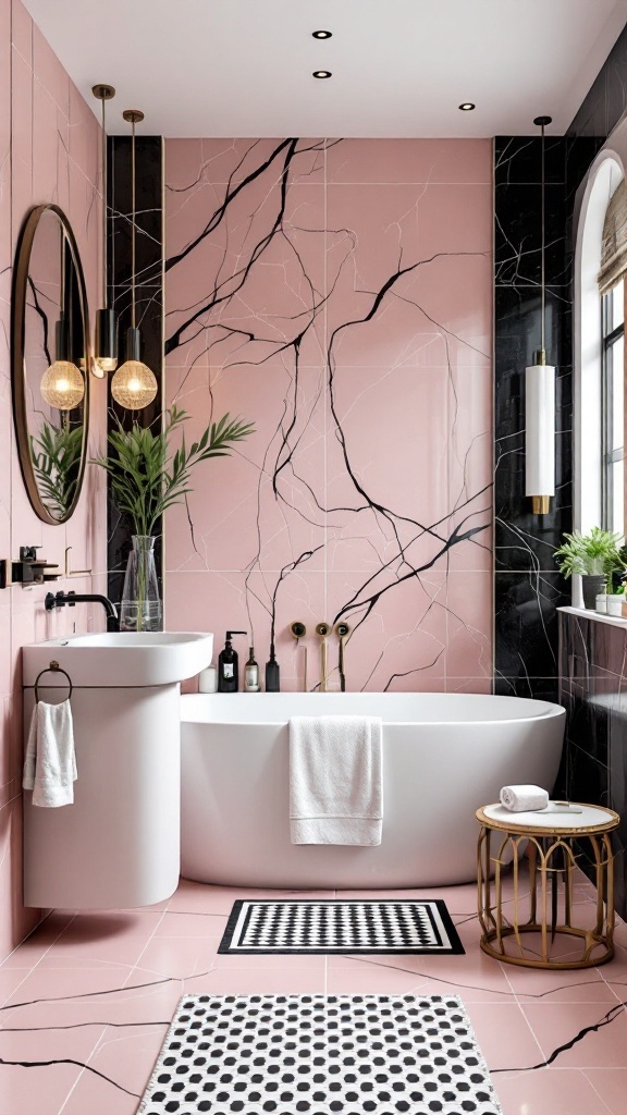 A stylish bathroom featuring pink walls, black tiles, and gold accents.