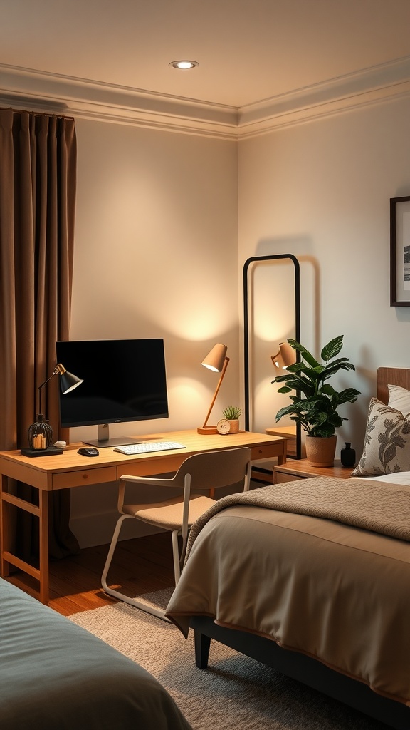 Cozy guest bedroom and home office combo featuring a desk, computer, and neatly arranged bedding.