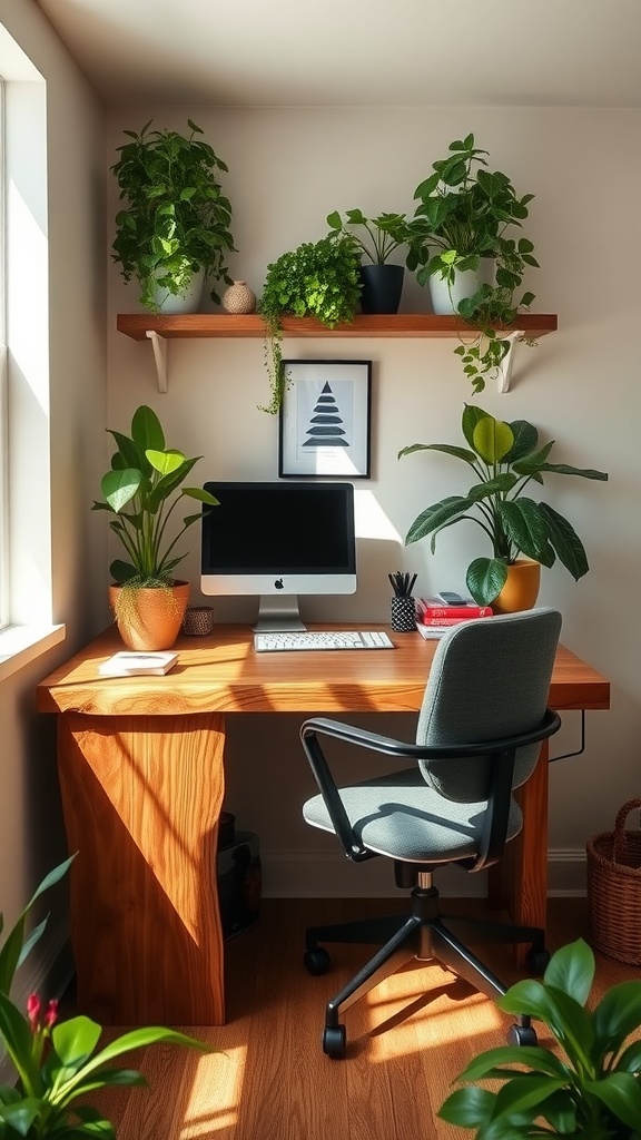 Cozy home office nook with reclaimed wood desk surrounded by plants.