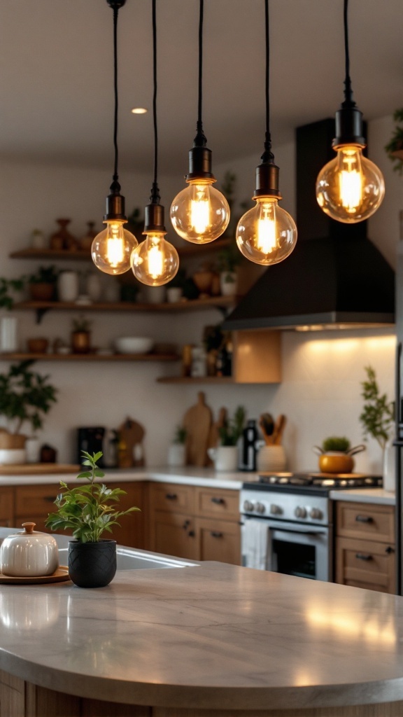 Retro globe lights hanging above a kitchen island.