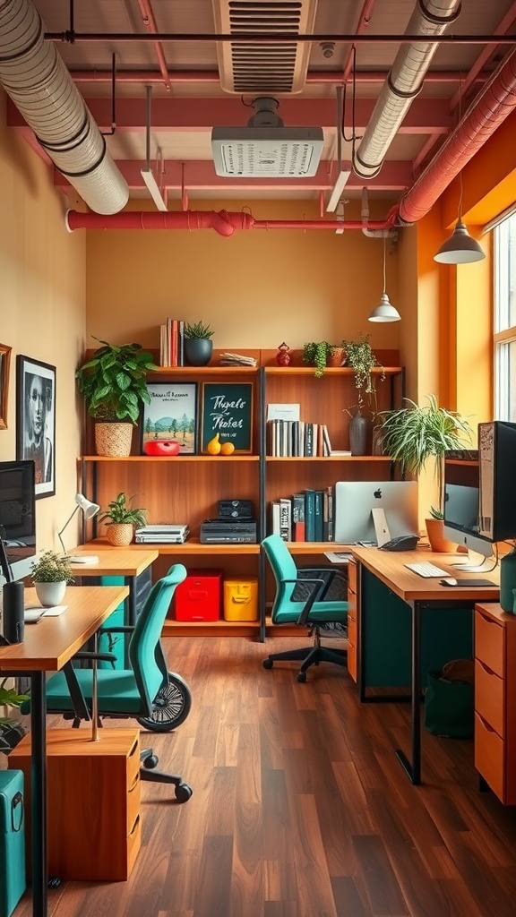 A retro-inspired office space featuring wooden desks, colorful storage, and plants
