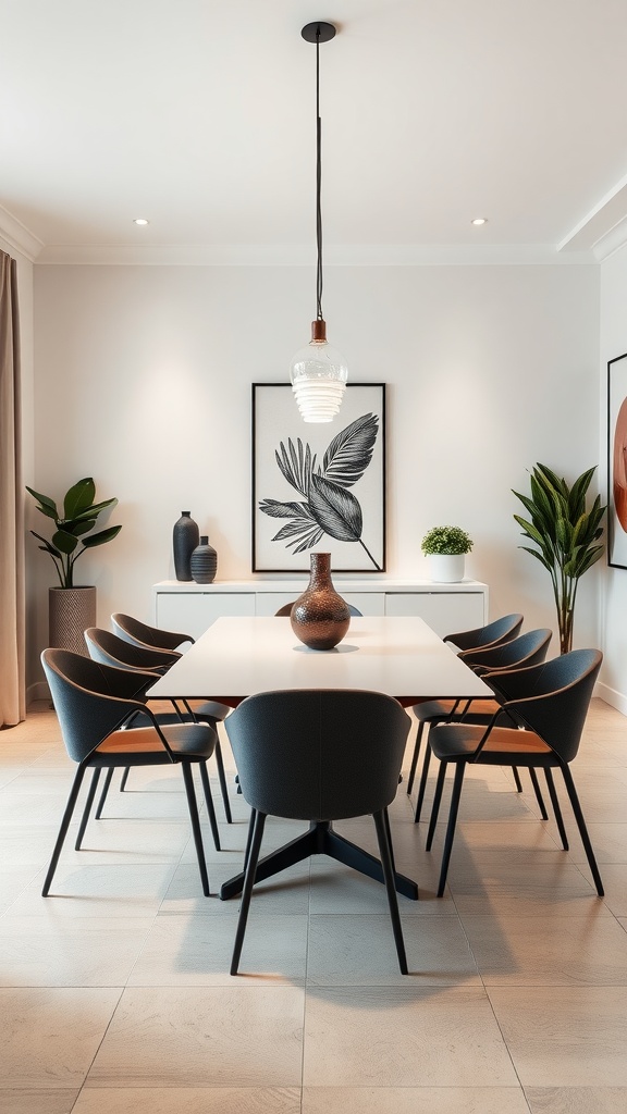 Sleek dining room with a long white table, stylish black chairs, and elegant decor