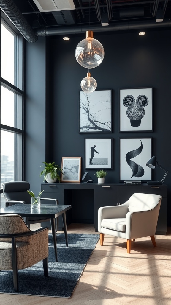 Modern office with dark wall, stylish furniture, and artistic decor