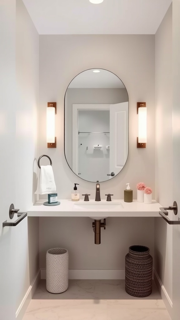 A stylish and minimalistic powder room featuring a round mirror, wall sconces, and a sleek vanity with decorative accessories.