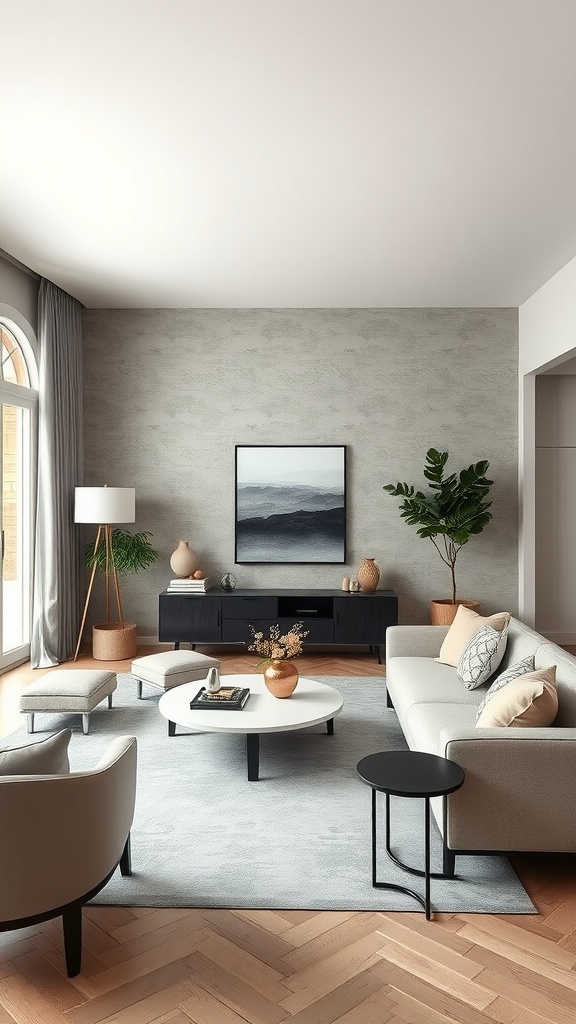 Living room and dining room combo featuring a textured accent wall, modern furniture, and natural elements.