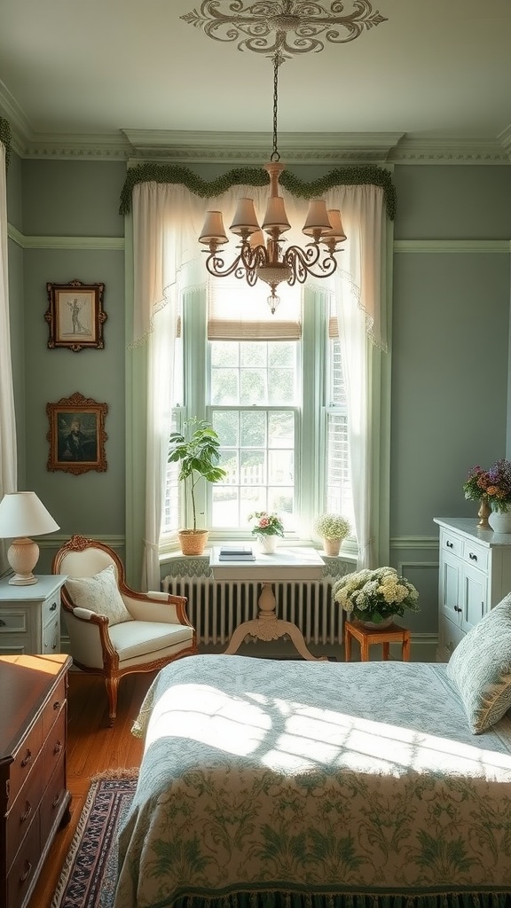 A Victorian sage green bedroom featuring elegant decor, a vintage chandelier, and large windows with natural light.