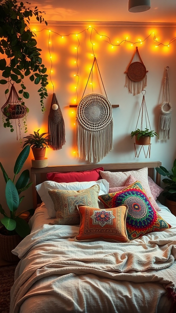 A cozy bedroom featuring amber fairy lights, colorful pillows, and plants, creating a warm boho atmosphere.