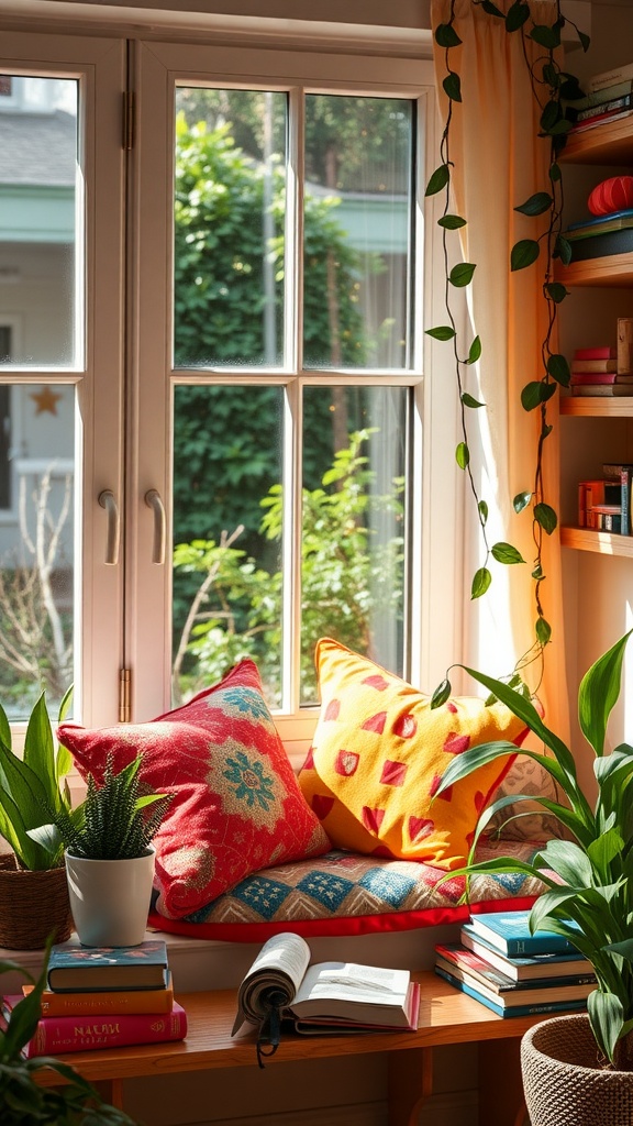 Cozy window side reading nook with colorful cushions and books