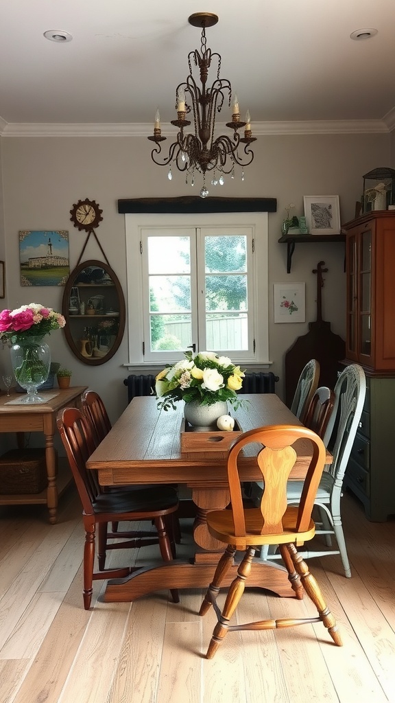 A cozy cottage core dining room featuring a wooden table with various antique chairs, a chandelier, and floral decor.