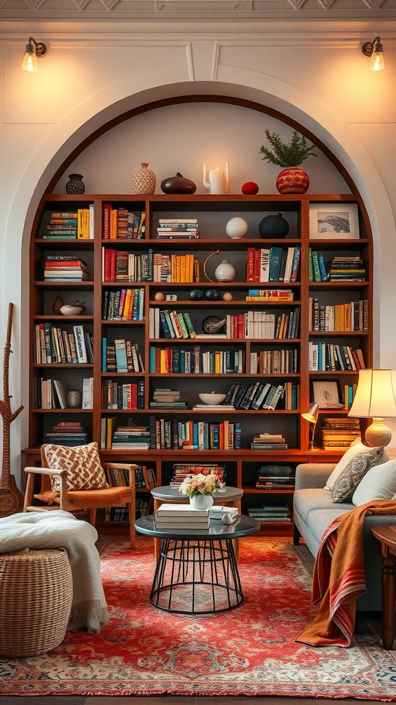 A cozy Boho living room featuring an arched bookcase filled with books, decorative items, and plants, complemented by a patterned rug and comfortable seating.