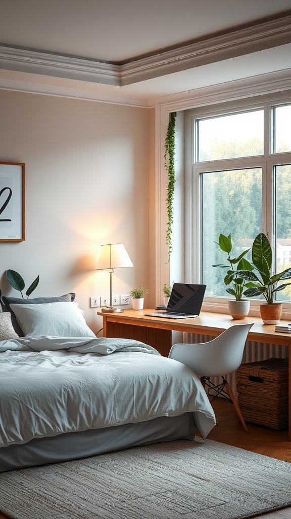 Cozy guest bedroom with a workspace, featuring a bed, desk, lamp, and plants