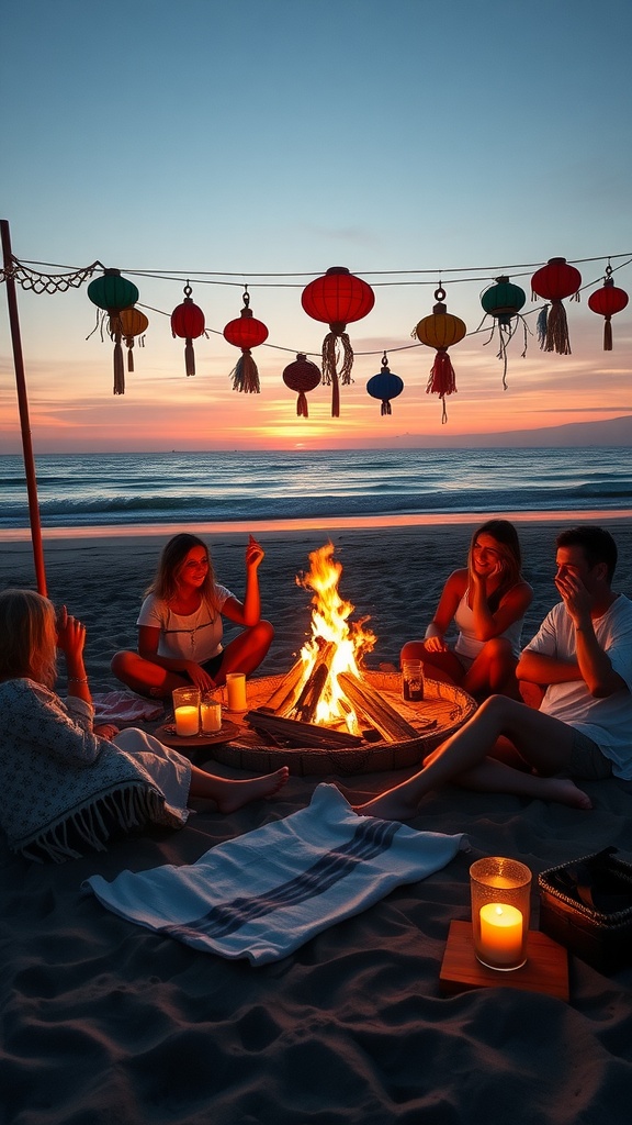 A group of friends around a beach bonfire with colorful lanterns hanging above at sunset