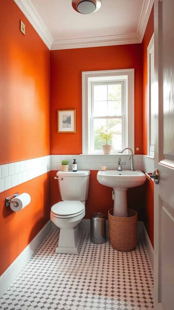 A small bathroom with burnt orange walls, white fixtures, and a window with plants.