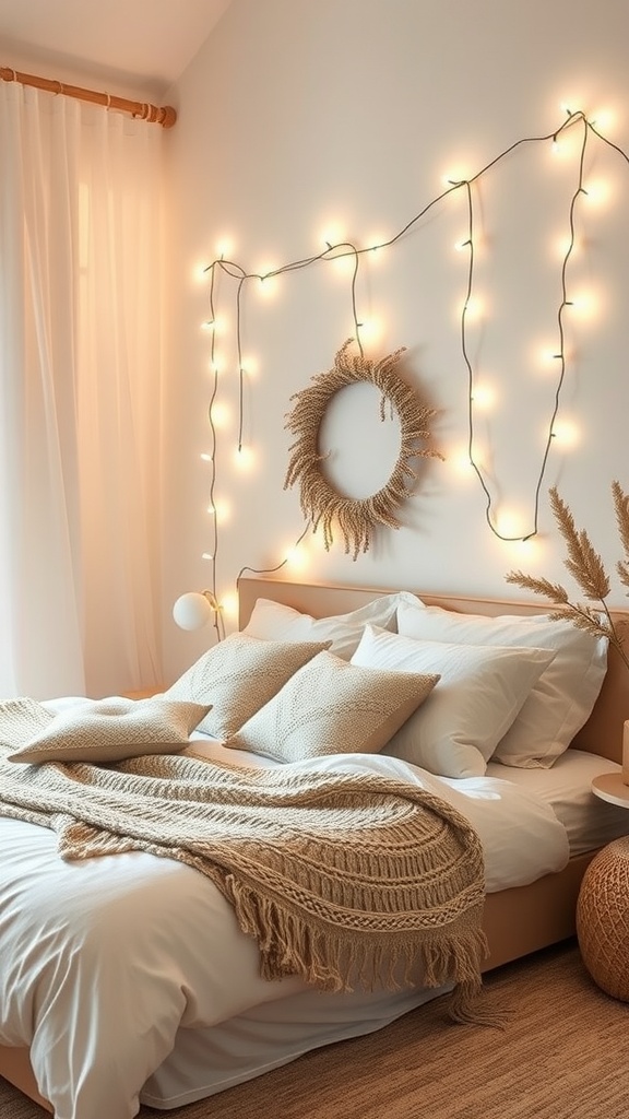 Minimalist boho bedroom with fairy lights, a cozy bed, and decorative elements