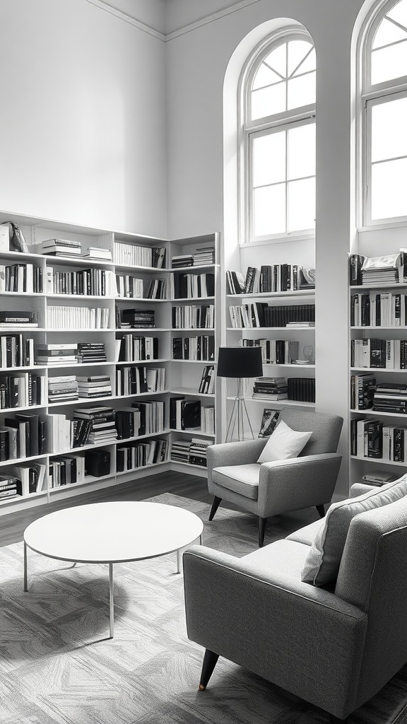 A monochrome library room featuring black and white bookshelves, two gray armchairs, a round coffee table, and large windows.
