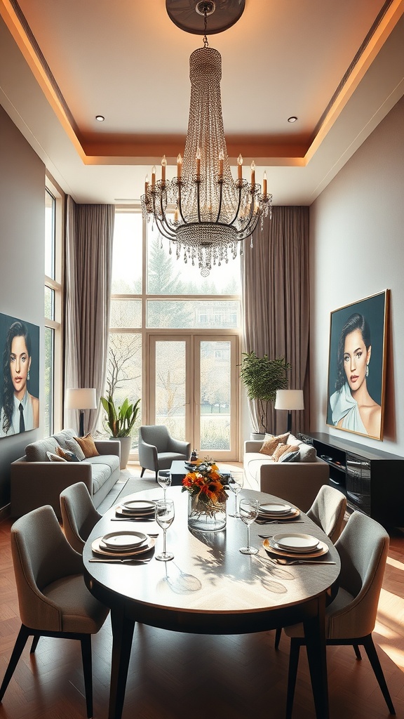 Stylish living room-dining room combo featuring a round dining table and elegant decor.
