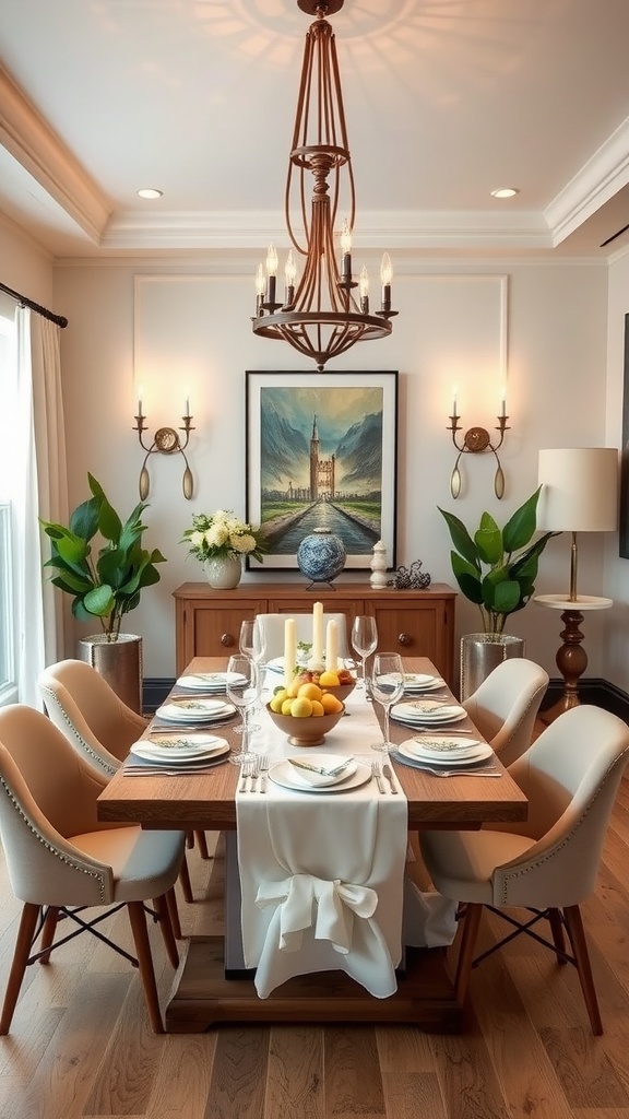 Chic dining room with a wooden table, elegant chairs, overhead light fixture, and decorative elements.