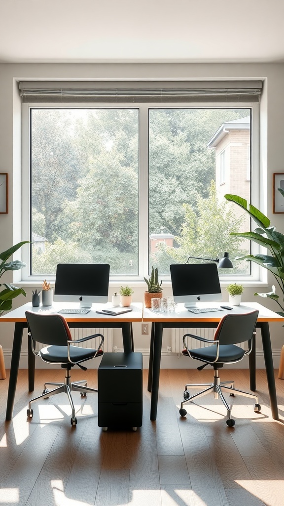 A bright home office featuring two desks facing a large window, surrounded by plants and natural light.