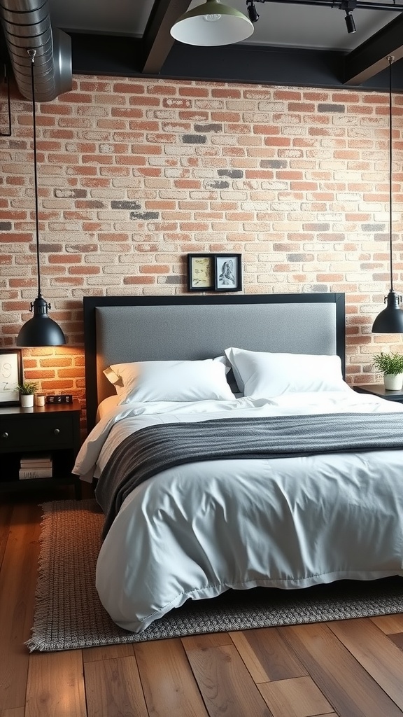 Modern industrial bedroom featuring a statement headboard with an exposed brick wall and stylish lighting.