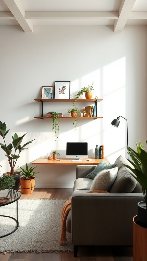 A sunny living room featuring a floating wall-mounted desk with plants and decorative items.