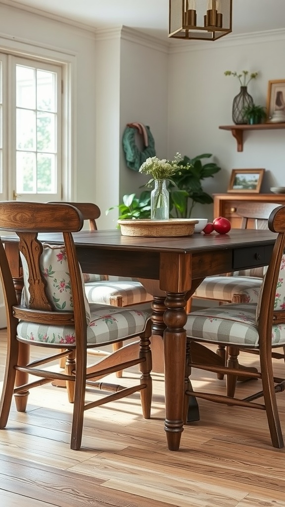 Dining room with floral patterned cushions on wooden chairs