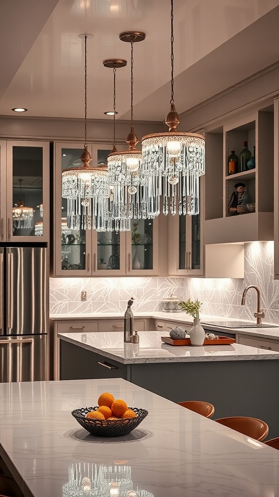 Kitchen with glamorous crystal pendant lights above a marble island.
